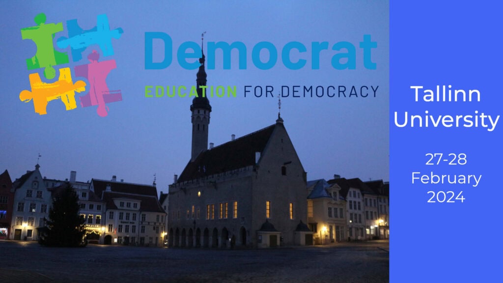 DEMOCRAT logo superimposed on Tallinn's square, embodying democratic education