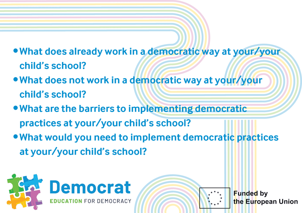 Slide listing world café discussion topics at the Project DEMOCRAT workshop at the International Parents Alliance Parent Summit 2024