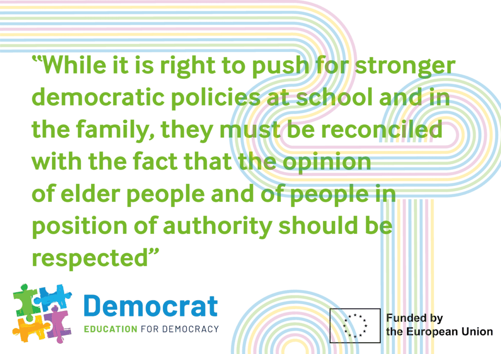 Slide on the core debate issue of balancing democratic policies with respect for authority at the Project DEMOCRAT workshop at the International Parents Alliance Parent Summit 2024