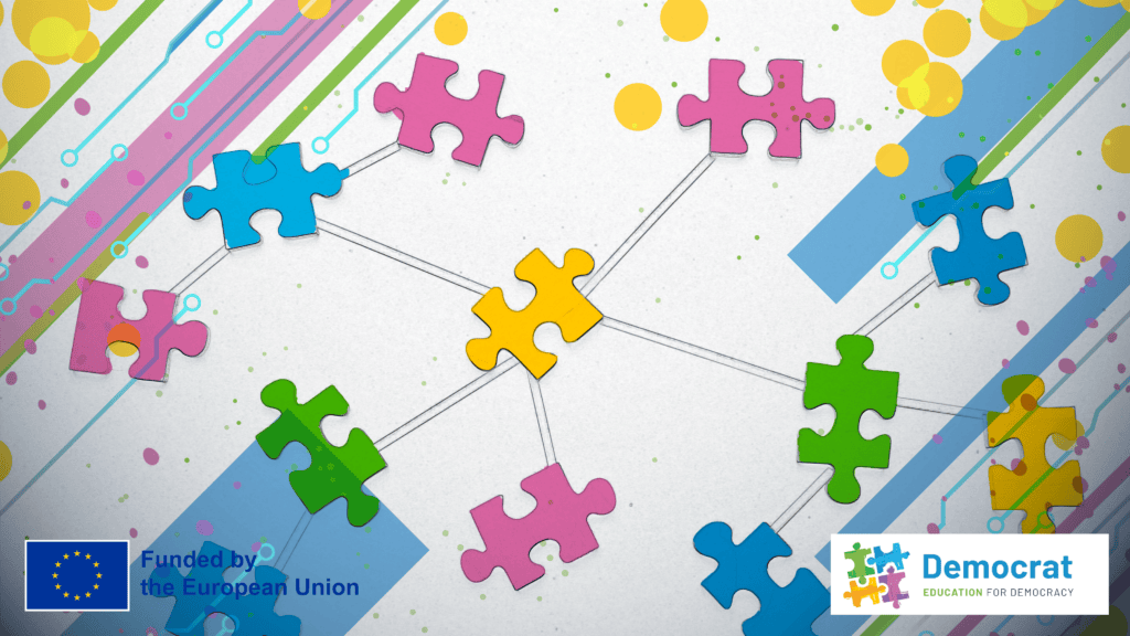 A set of colorful jigsaw pieces connected together, symbolizing collaborative efforts in Education for Democracy