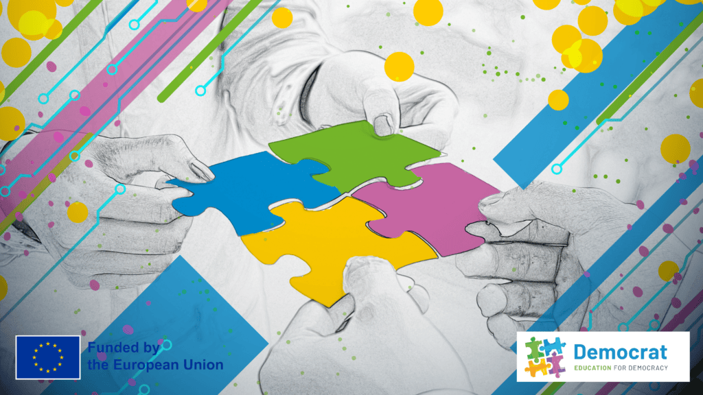 Two people holding jigsaw pieces together, symbolizing partnership and shared responsibility in democratic education.