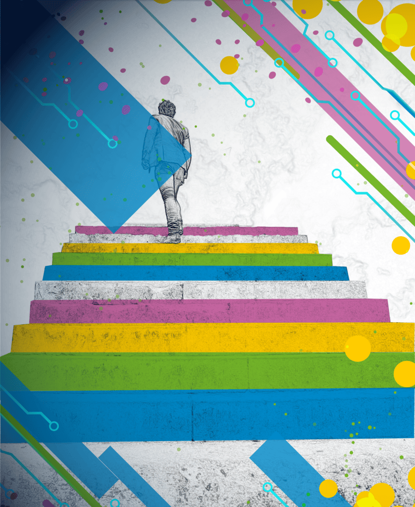 A man walks up brightly colored stairs representing the DEMOCRAT project’s colors, symbolizing the path toward democratic progress enabled by Education for Democracy