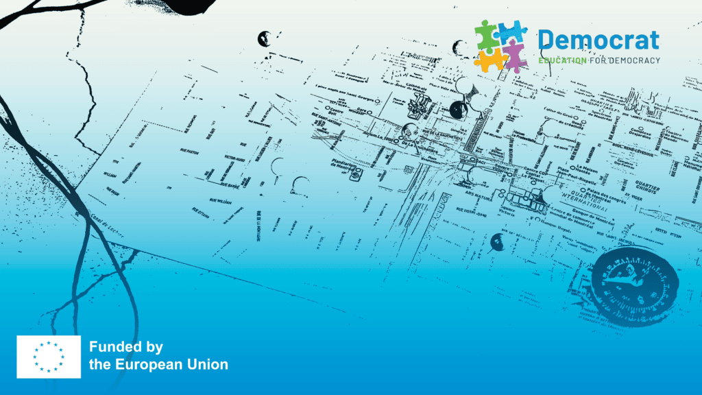 A detailed map with a compass, symbolizing the direction of social innovation and Project DEMOCRAT's commitment to Education for Democracy