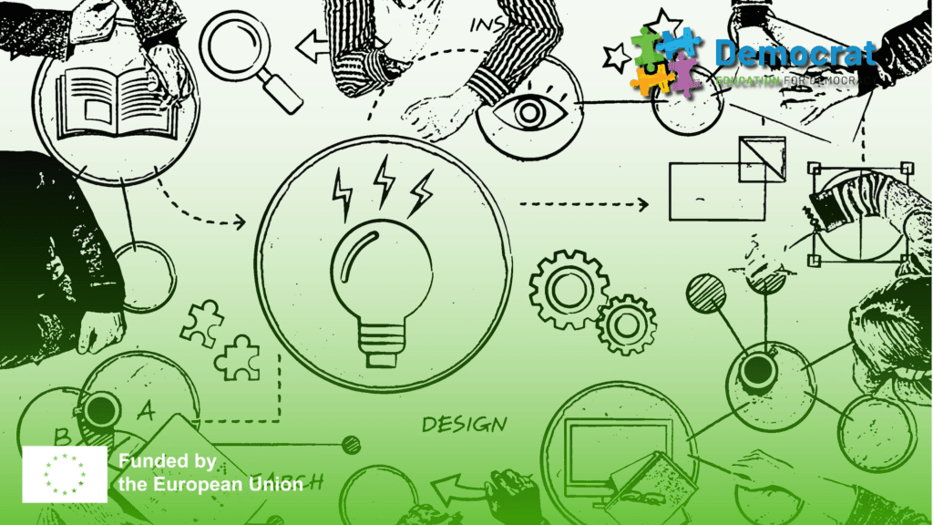 A group of individuals doodling and brainstorming on a table, showcasing the vibrant local projects under Project DEMOCRAT's initiative for Education for Democracy