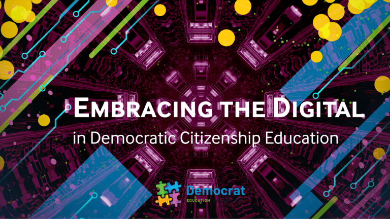 A group of diverse students engaged with digital tools, symbolizing the integration of technology in democratic citizenship education