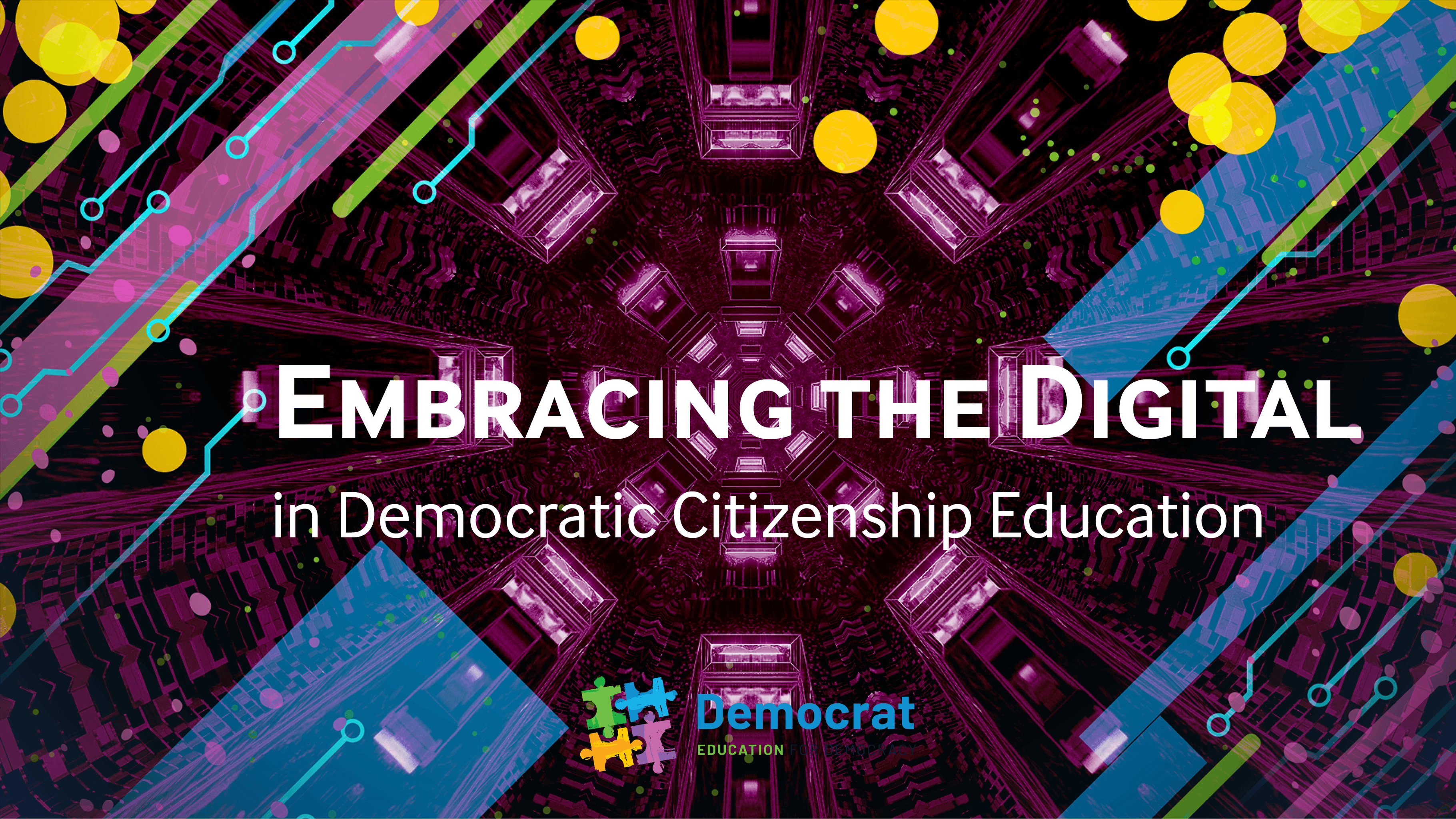 A group of diverse students engaged with digital tools, symbolizing the integration of technology in democratic citizenship education